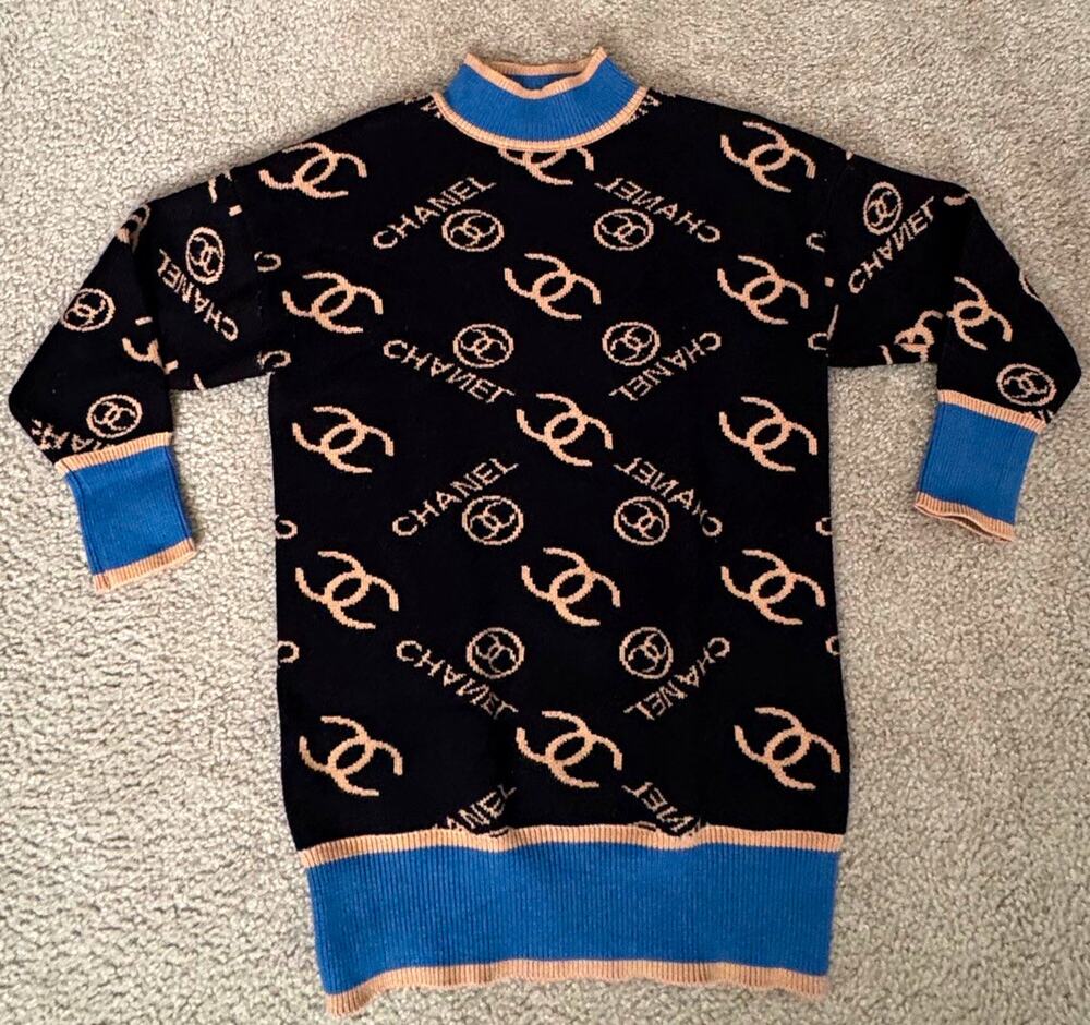 Black Logo Print Thick Knit Mock Neck Sweater Dress Blue Trim 3/4 Sleeve